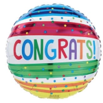 Round foil balloon with colorful stripes and the word CONGRATS