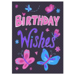 Birthday wishes card with colorful butterflies on a dark background