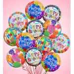 Cluster of colorful "Happy Birthday" balloons on a pink background