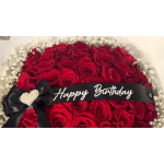 Red rose bouquet with a Happy Birthday ribbon and black bow