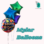 Birthday balloon bouquet with star-shaped balloons and a round Happy B'Day balloon