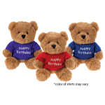 Three teddy bears wearing Happy Birthday shirts