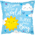 Blue baby shower balloon with a smiling sun and cloud design