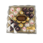 Box of assorted Ferrero chocolates in gold and clear packaging