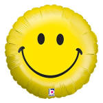 Round yellow smiley face foil balloon with black eyes and curved smile