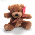 Brown plush teddy bear with a ribbon and hang tag