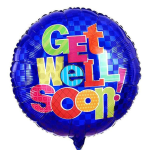 Round blue balloon with colorful "Get Well Soon!" text