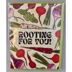 Greeting card with illustrated radishes and the text "ROOTING FOR YOU!"