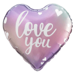 Heart-shaped pink and purple balloon with "love you" text