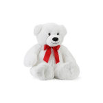 White teddy bear with a red ribbon bow