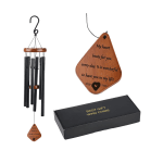 Wooden wind chime with black tubes and a gift box