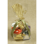 Wrapped gift basket of assorted chocolates tied with a green ribbon