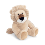 Soft beige plush lion toy with shaggy mane sitting against a white background