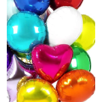 Cluster of colorful metallic heart-shaped balloons