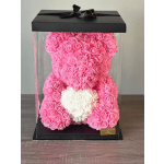 Pink and white rose teddy bear in a clear gift box with a black lid