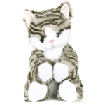 Plush striped cat stuffed animal with white paws and pink nose