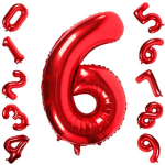 Red metallic number 6 balloon with smaller red number balloons around it