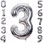 Silver number balloons arranged around a large 3 balloon