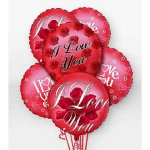 Cluster of red heart-shaped balloons with "I Love You" text