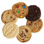 Assortment of six large cookies including chocolate chip, sugar, chocolate, oatmeal, and candy-topped.