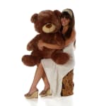 Woman sitting and hugging an oversized brown teddy bear against a white background