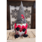 Valentine gnome plush holding a red heart with 'Love Wins' text and a tall striped hat with hearts