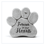 Gray paw-shaped memorial stone with "Forever in our Hearts" text