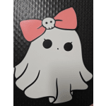 Cartoon ghost with a pink bow on a black textured background