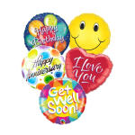 Cluster of five colorful foil balloons with birthday, anniversary, love, and get well messages