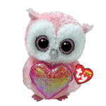 Pink owl plush toy holding an iridescent heart with large glittery eyes