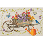 Decorative floral print with a wheelbarrow of colorful flowers and butterflies