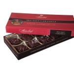 Box of sea salt caramels in a red and black gift box