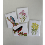 Four floral greeting cards with painted birds and flowers on white backgrounds