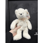 White teddy bear with a ribbon and hanging tag