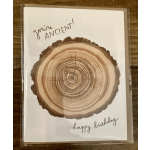 Birthday card with a tree-ring illustration and handwritten text