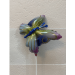 Butterfly-shaped iridescent foil balloon on a stick