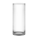 Tall clear glass cylinder vase on a white background