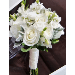 White rose bouquet with small white accent flowers and a wrapped handle