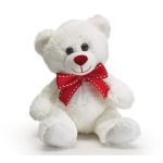 White teddy bear with a red bow sitting on a white background
