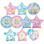 Assorted baby shower balloons in pink, blue, and pastel shapes