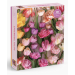 Box of tulip puzzle with pink, yellow, and peach flowers