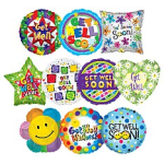 Assorted colorful get well balloons with cheerful patterns and text