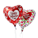 Two heart-shaped Valentine’s Day balloons with printed messages