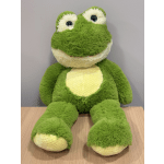 Green plush frog toy with cream belly and large eyes