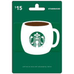 Starbucks $15 gift card with a white mug graphic