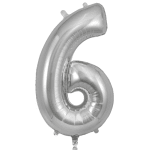Silver foil balloon shaped like the number 6