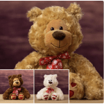 Plush teddy bear with a red heart-pattern ribbon