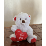 White plush teddy bear holding a red heart that says "Love You"