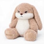 Plush bunny toy with long ears and an angry expression