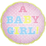 Pink baby girl balloon with polka dots and colorful lettering